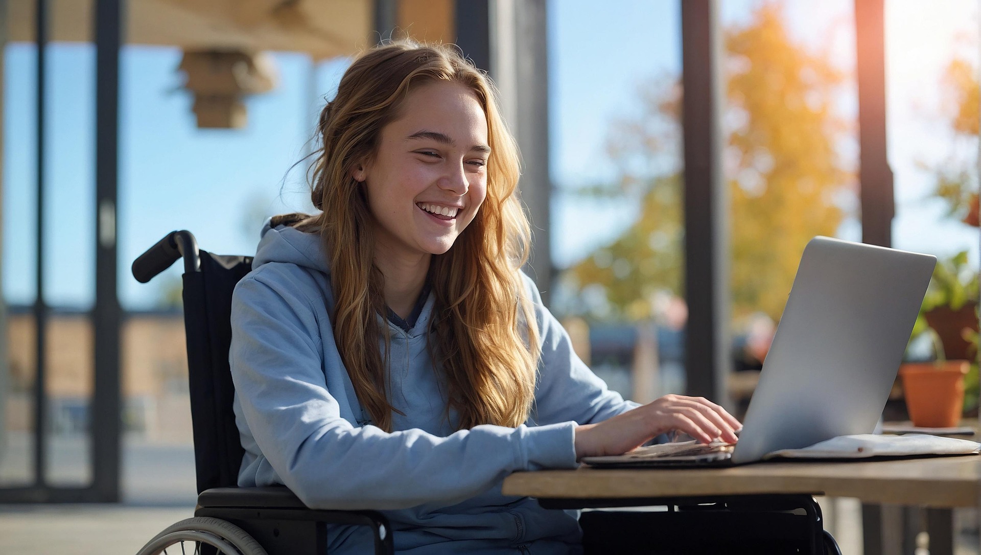 A young woman in a wheelchair smiling at her laptop